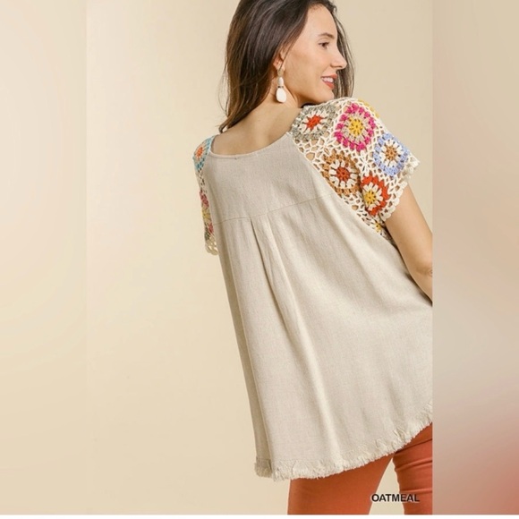 UMGEE Frayed Hem Linen Blend Colorful Crochet Sleeve Boho Tunic Top Size Small - Picture 3 of 14